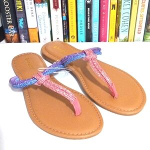 BAMBOO RHINESTONE THONG SANDALS PINK BLUE PURPLE STRAPPY FLATS SIZE 7.5 NWT